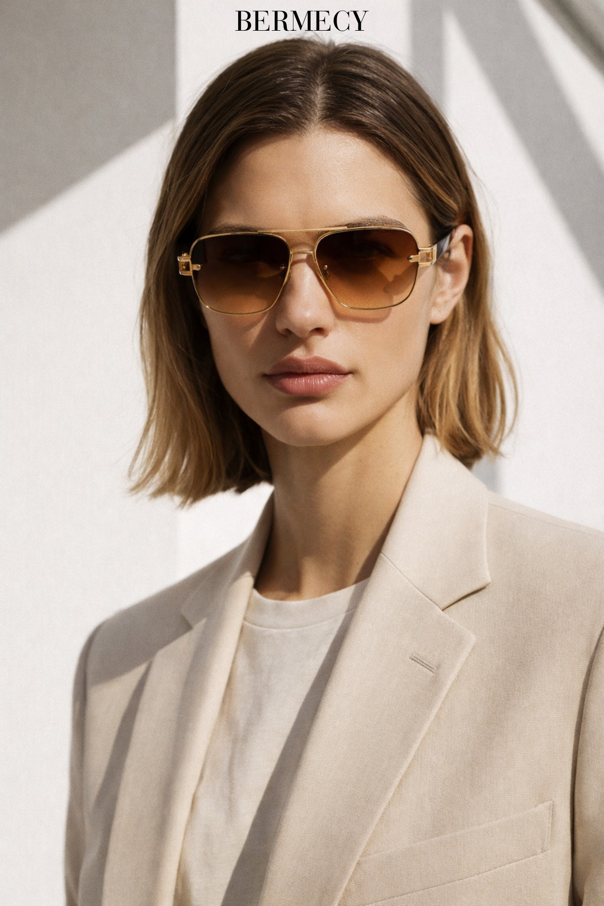 Unisex Gold Metal Çerçeve Kahverengi Degrade Cam Güneş Gözlüğü