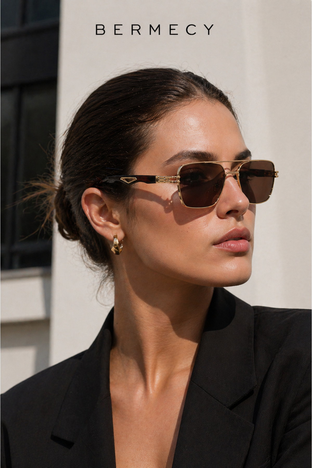Exlas | Kahverengi Gold Detaylı Titanyum Çerçeve Tasarım Unisex Güneş Gözlüğü